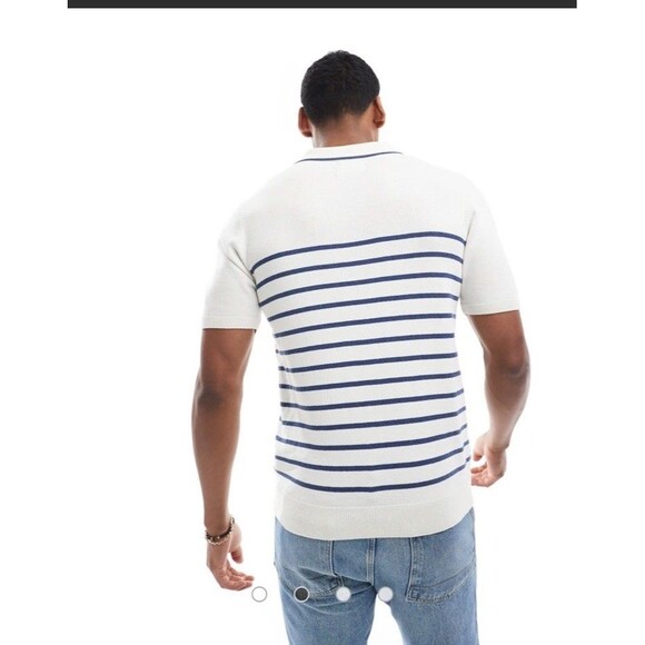 Threadbare Knit Trophy Neck Striped Polo In Acru &Blue Size Medium Preppy - Picture 9 of 10